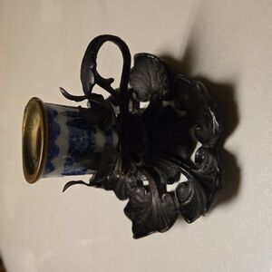 Antique Blue & White Porcelain Cast Iron Candle Holder